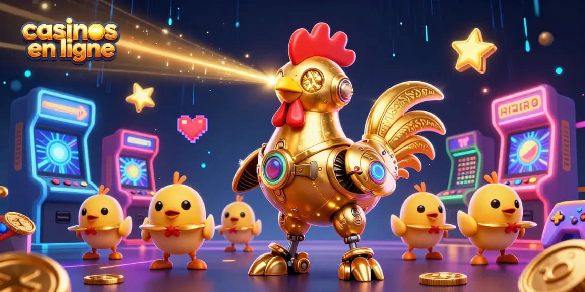 Une illustration dynamique avec des casinos en ligne, un robot coq doré et des drones suivis de machines de jeu 3D colorées.