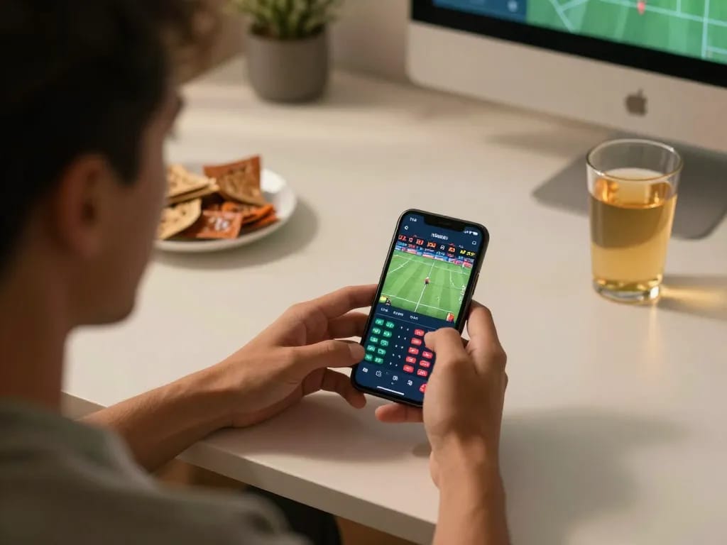 Impegnarsi nelle scommesse sportive su siti non AAMS tramite un dispositivo mobile, mostrando quote live e entusiasmo