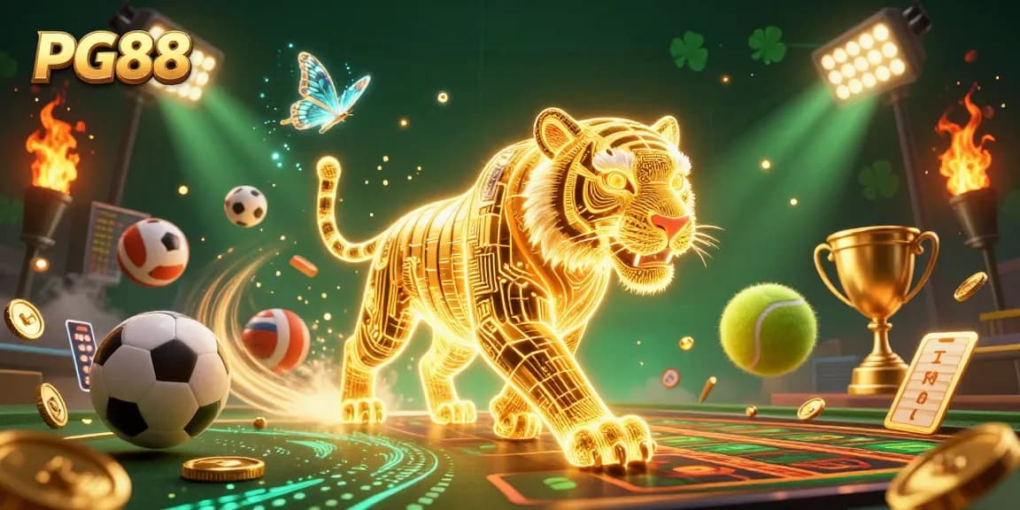 Experience the excitement of PG88's golden tiger in a vibrant casino scene filled with sports elements.