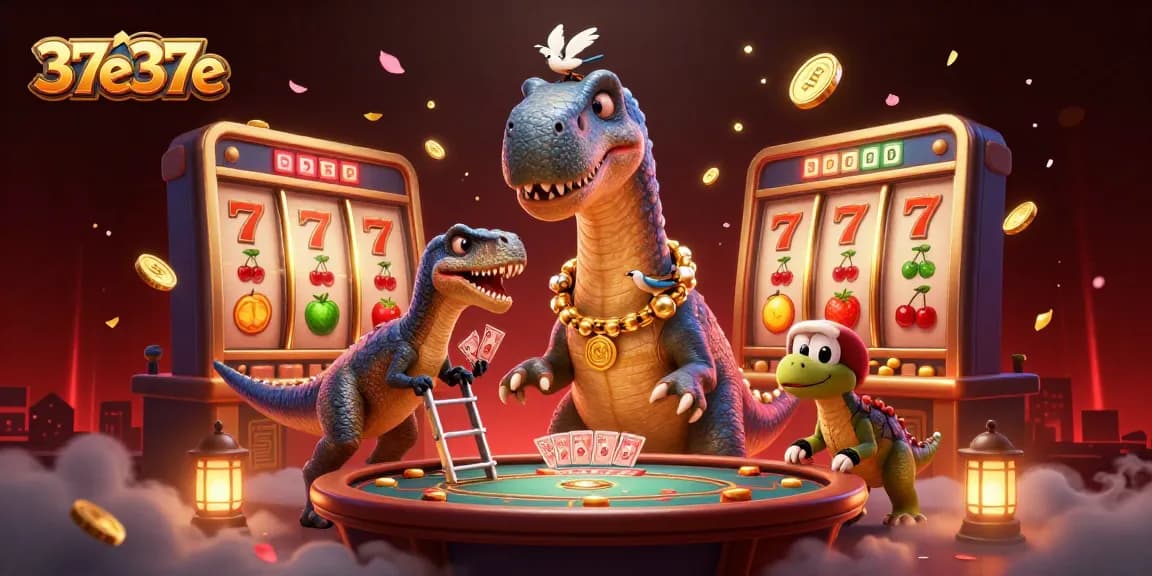 O 37e37e mostra um brontossauro em um cassino com mesa de pôquer, simbolizando diversão.