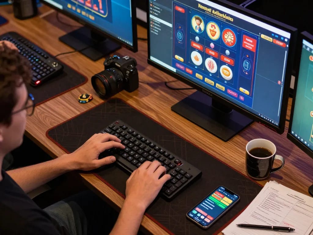 Engaged player using 98win casino app on a modern desk, focusing on strategic bets during online gaming.