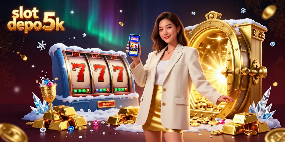 Experience the thrill of slot depo 5k with vibrant reels, gems, and excitement in this captivating illustration.
