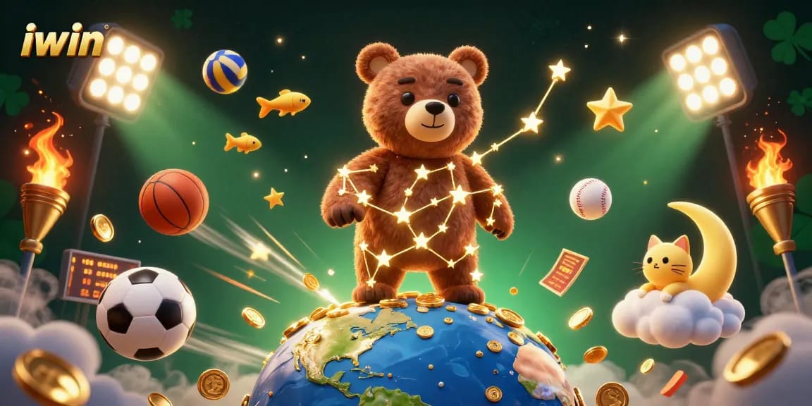 Experience winning with iwin as a constellation bear scoops coins amidst vibrant sports elements.