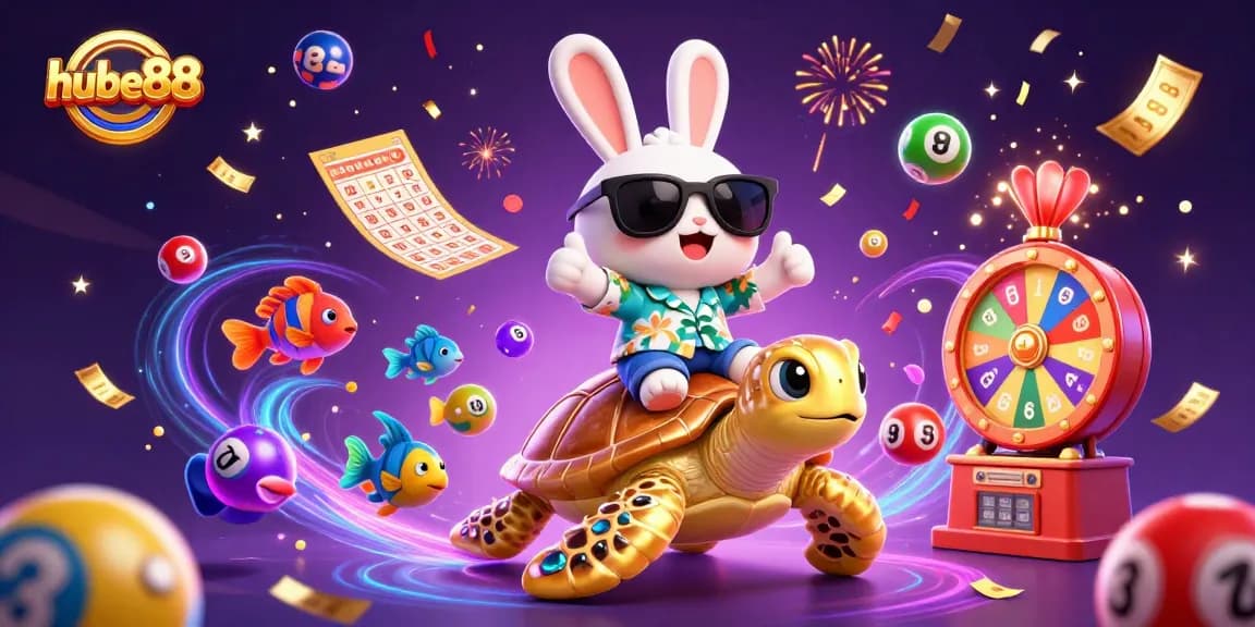 hubet88 brings luck with its vibrant 3D illustration featuring playful characters and dynamic casino elements.