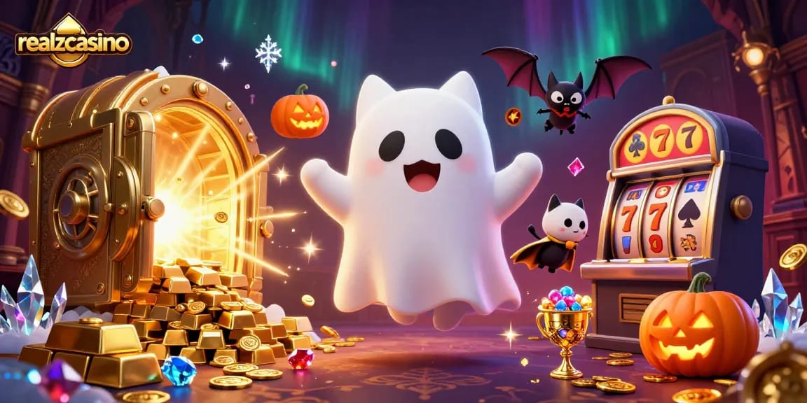 Tauchen Sie ein in die Welt von realzcasino mit einer freundlichen Geisterkatze, die durch ein Casino-Haunted schwebt.
