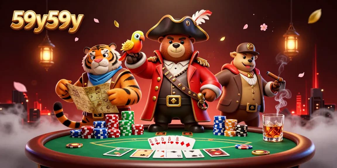 Jogue 59y59y com o urso capitão pirata em um ambiente de poker vibrante.