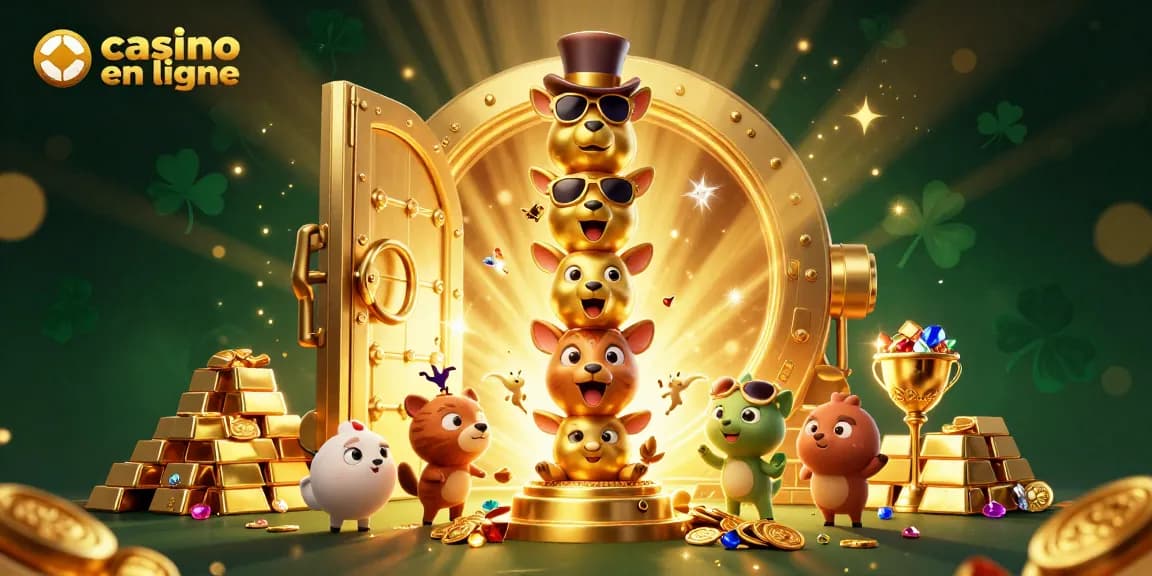 Plongez dans l'univers du casino en ligne avec cette illustration dynamique de totem et joyaux scintillants.