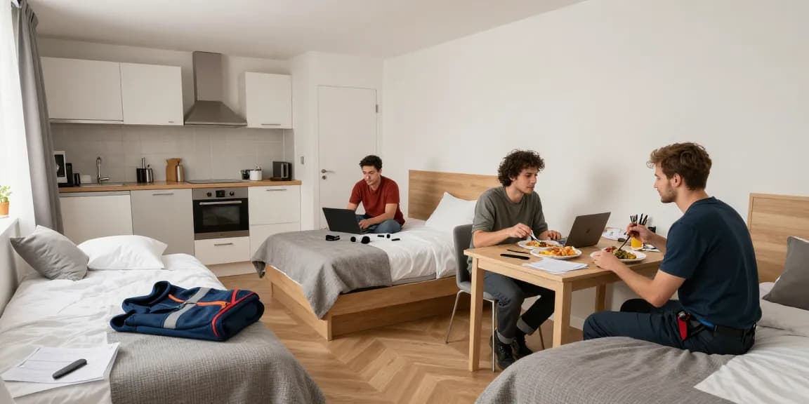 Entspannte Monteurzimmer Hannover mit gemütlichen Betten und Essbereich für Arbeiter.