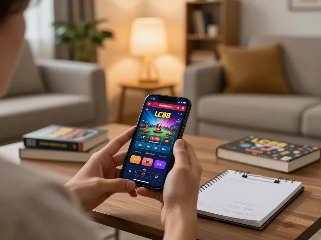 LC88 user betting on the casino app with strategic notes visible in a cozy living room.