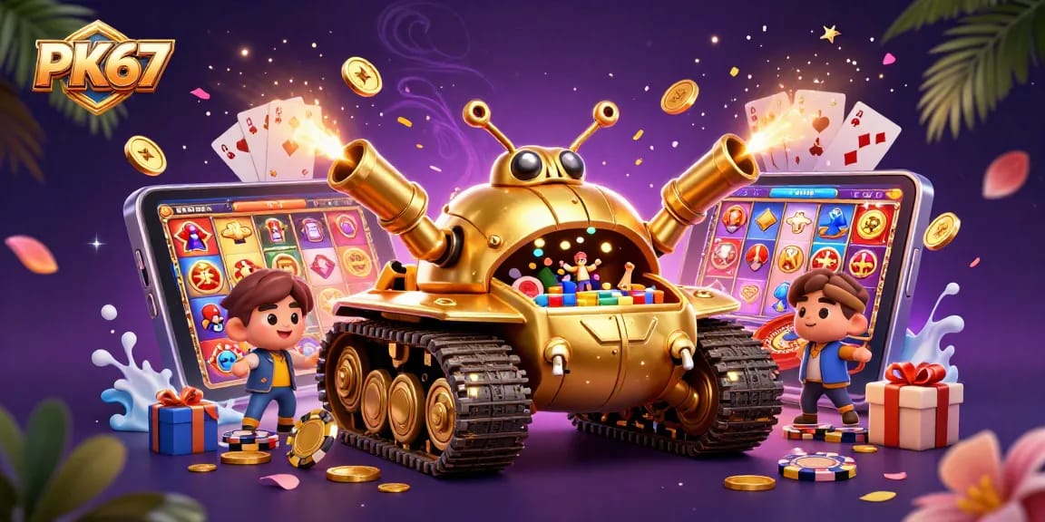 Engaging PK67 illustration showcasing a 3D casino adventure in a golden beetle tank.