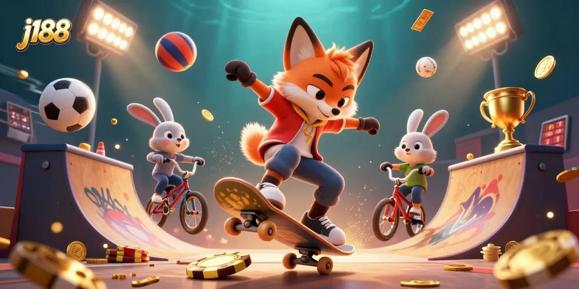 Experience thrilling gaming with j188, featuring vibrant 3D cartoon characters in an exciting casino scene.