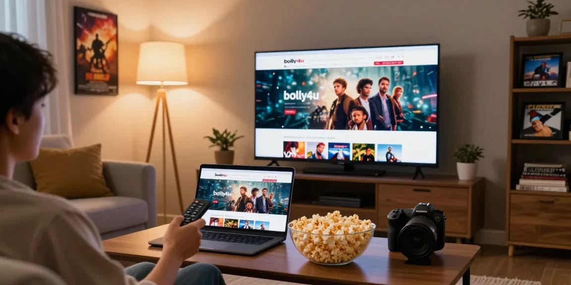 Enjoying bolly4uorg.in movies at home, cozy atmosphere with popcorn and a laptop.