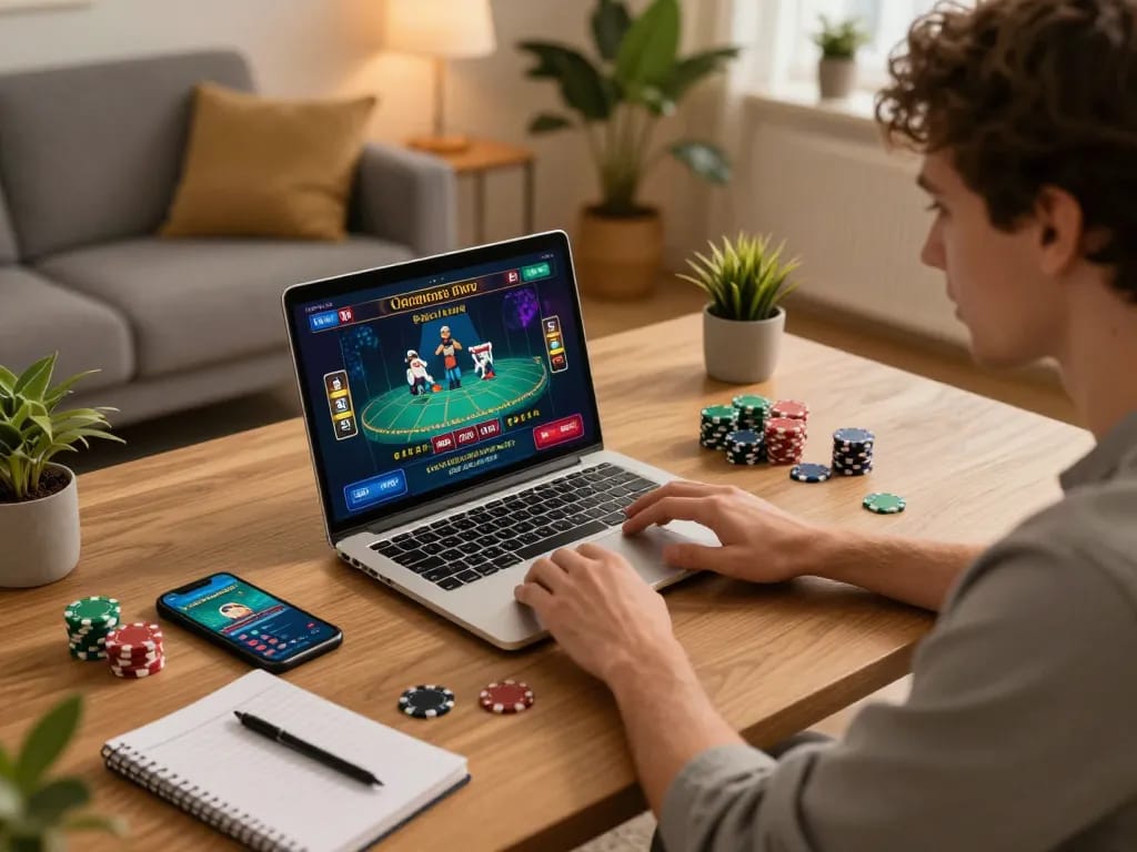 Engaging in live gaming at Rajampo situs from a cozy home setup, showcasing strategy and enjoyment.