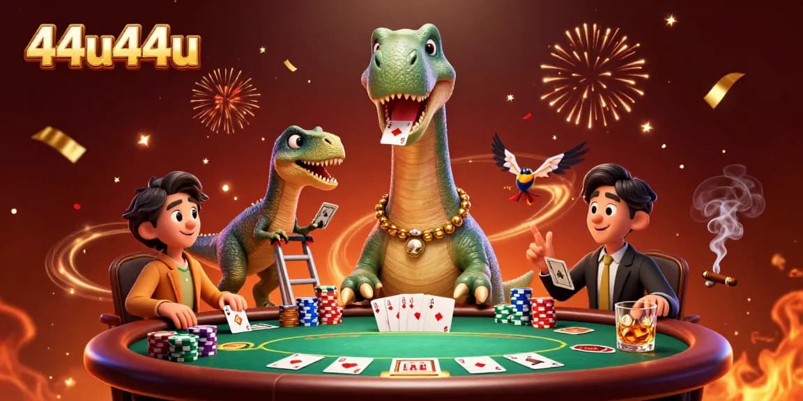 44u44u em um cassino animado com dinossauros jogando poker e confetes caindo.