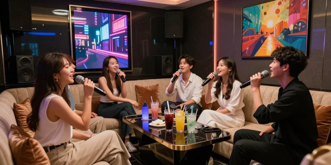 강남가라오케에서 친구들과 함께 노래를 즐기는 고급스러운 공간의 모습