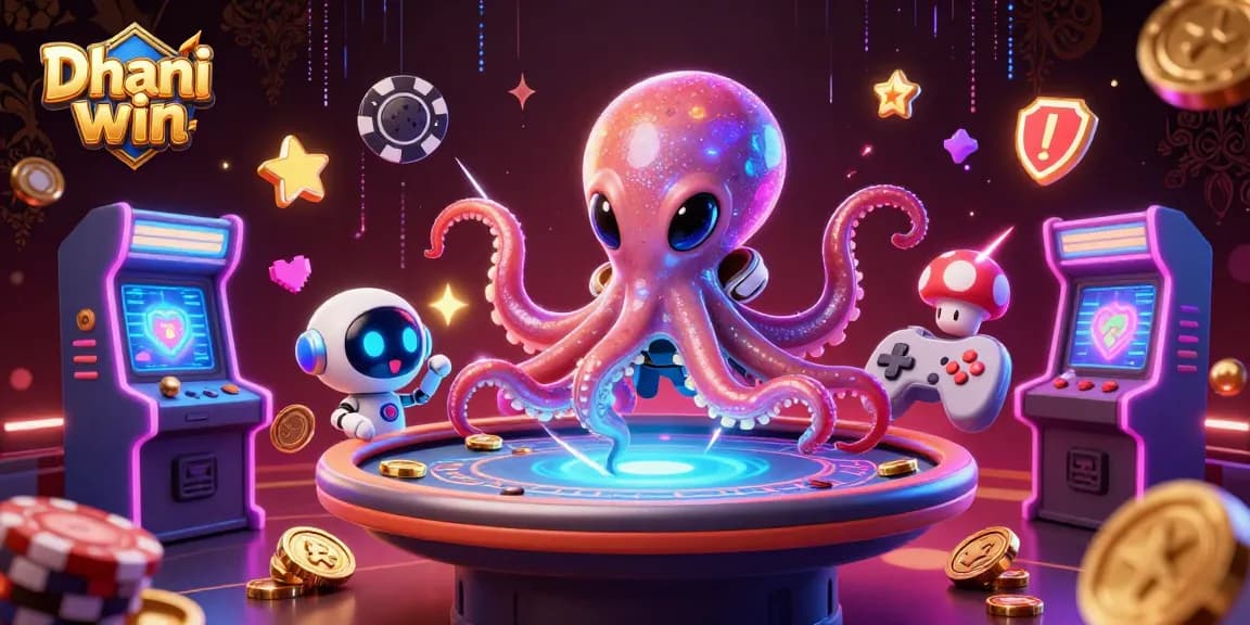 Dhani win game featuring a vibrant alien octopus managing a holographic poker table amidst dynamic casino elements.