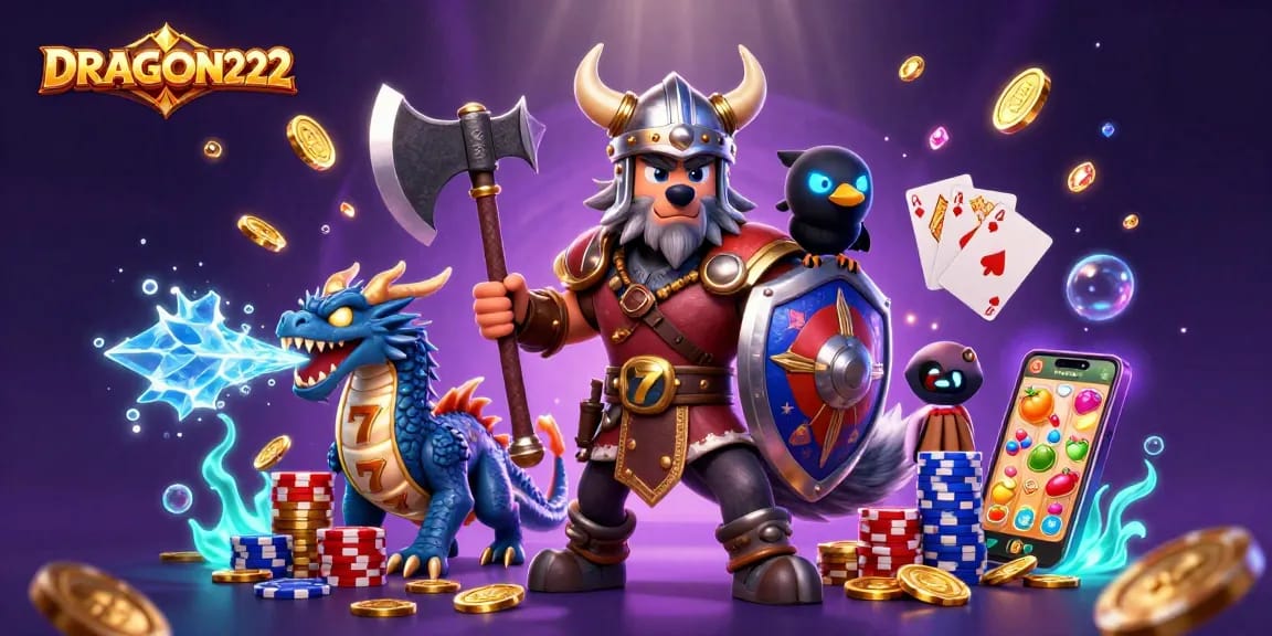 Experience thrilling gameplay with DRAGON222, featuring a Viking wolf, fierce dragon, and glowing raven amidst vibrant casino elements.