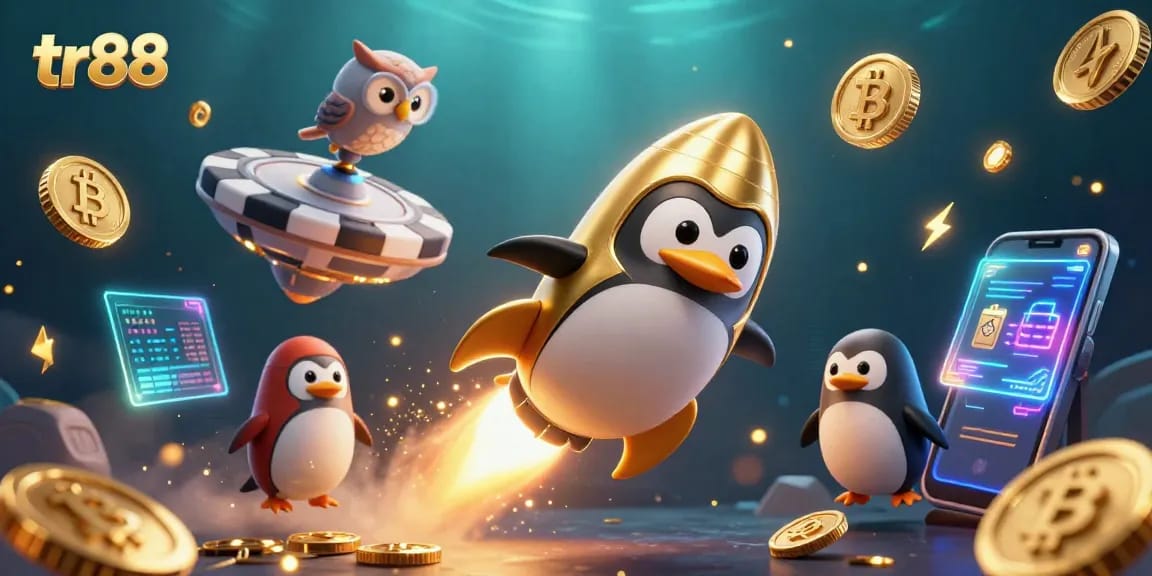 Experience the excitement of tr88 casino adventures with a dynamic penguin jetting toward a poker chip station.