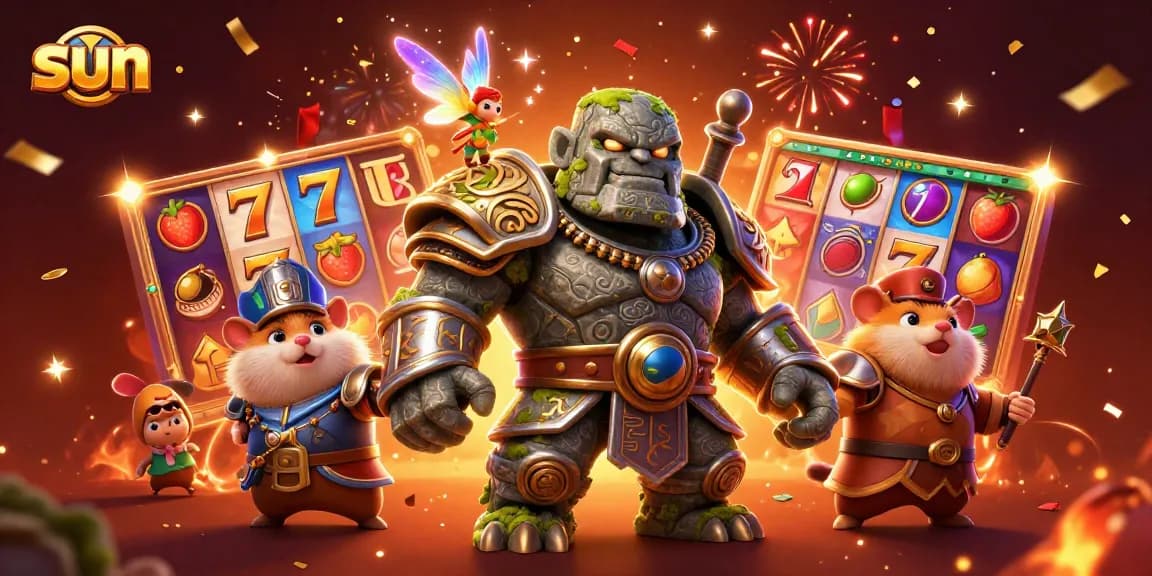 Sun-themed vibrant slot gaming scene featuring magical characters and celebratory elements