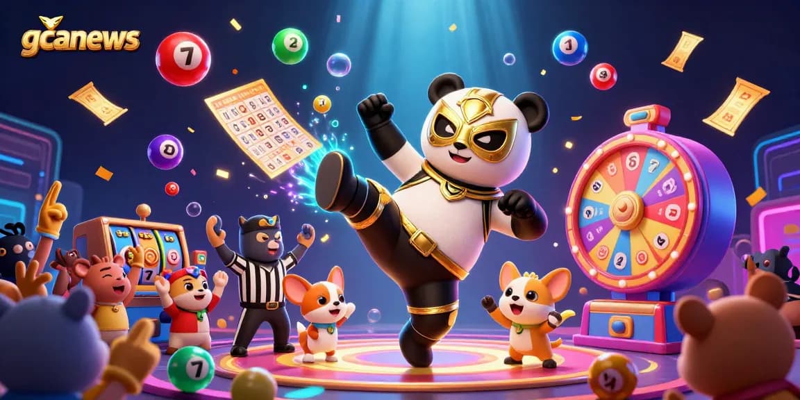 Engage with gcanews in a vibrant casino scene featuring a wrestling panda and a lively crowd.