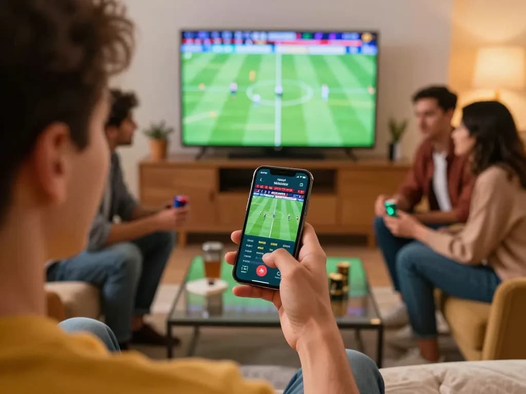 Bongdalu user placing bets on sports app, surrounded by friends watching live football broadcast.