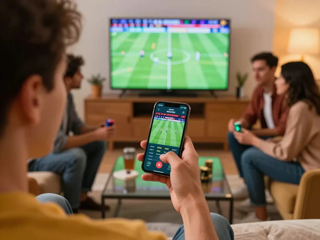 Bongdalu user placing bets on sports app, surrounded by friends watching live football broadcast.
