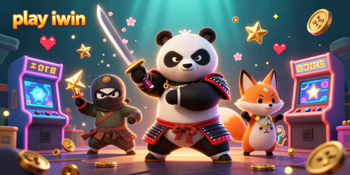 Play iwin in an immersive 3D casino adventure with panda and fox characters.