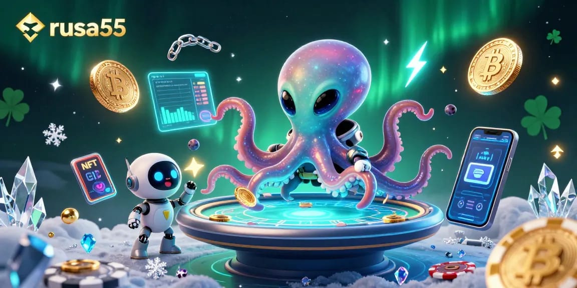 Engage in thrilling gameplay at rusa55 with a 3D cartoon alien octopus operating a poker table amid floating cryptocurrency elements.