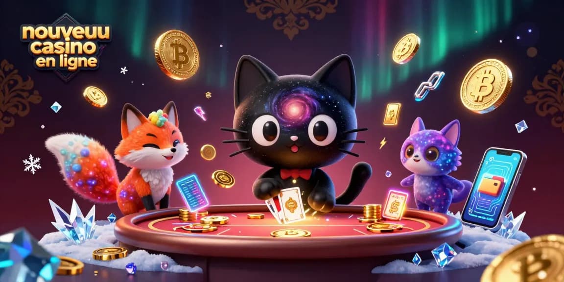 Découvrez le nouveau casino en ligne avec un chat trou noir et un renard nébuleux, attrapant des jetons et des cartes.
