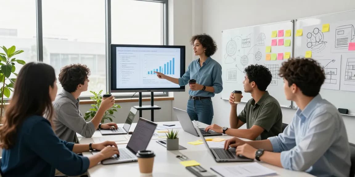 Team of entrepreneurs brainstorming innovative business ideas at https://www.startsomethingpc.com in a vibrant startup office.