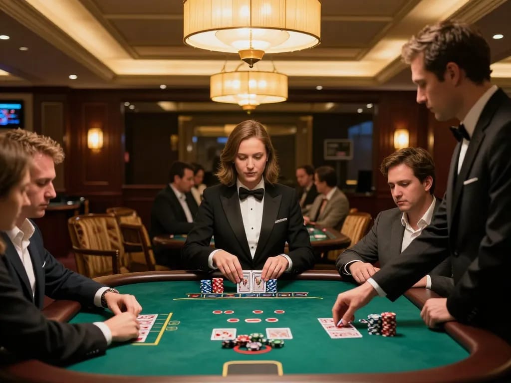 Players engaged at the thabet blackjack table showcasing strategic card play in a luxury casino environment