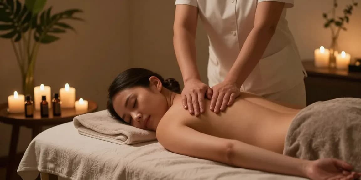 불당동마사지 스웨디시 마사지를 받는 고객과 마사지 테이블, 향기로운 오일과 촛불로 편안한 분위기 연출.