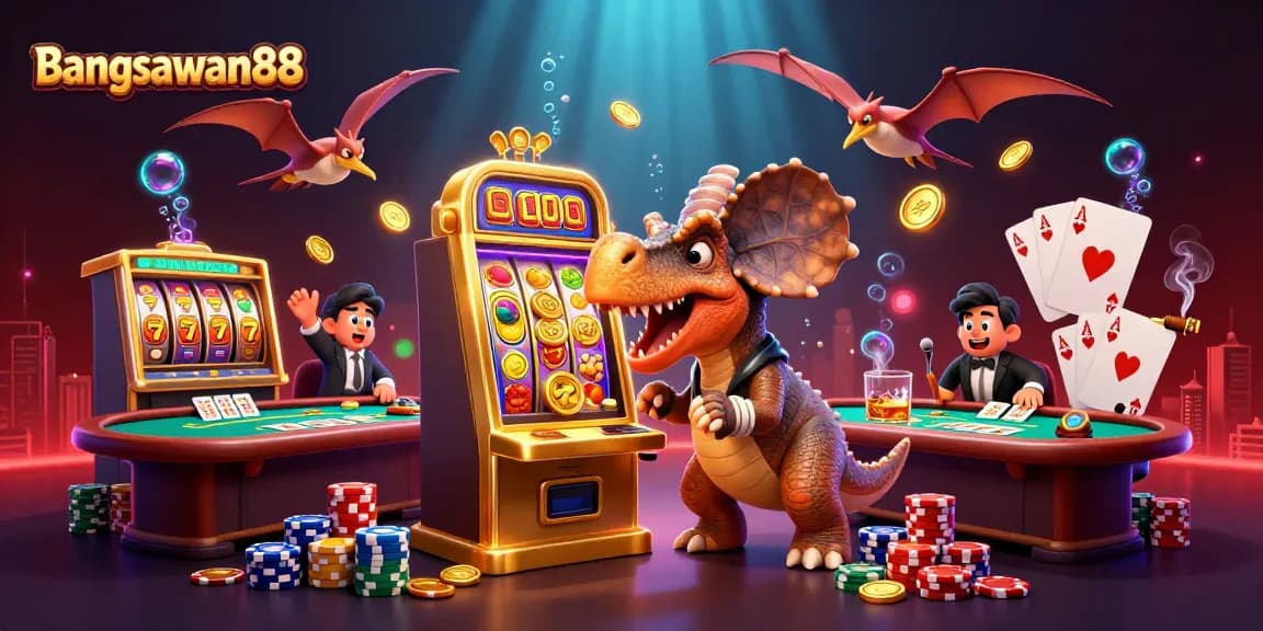 Bangsawan88 showcases a 3D dinosaur hitting a jackpot slot, thrilling gamblers with big wins.