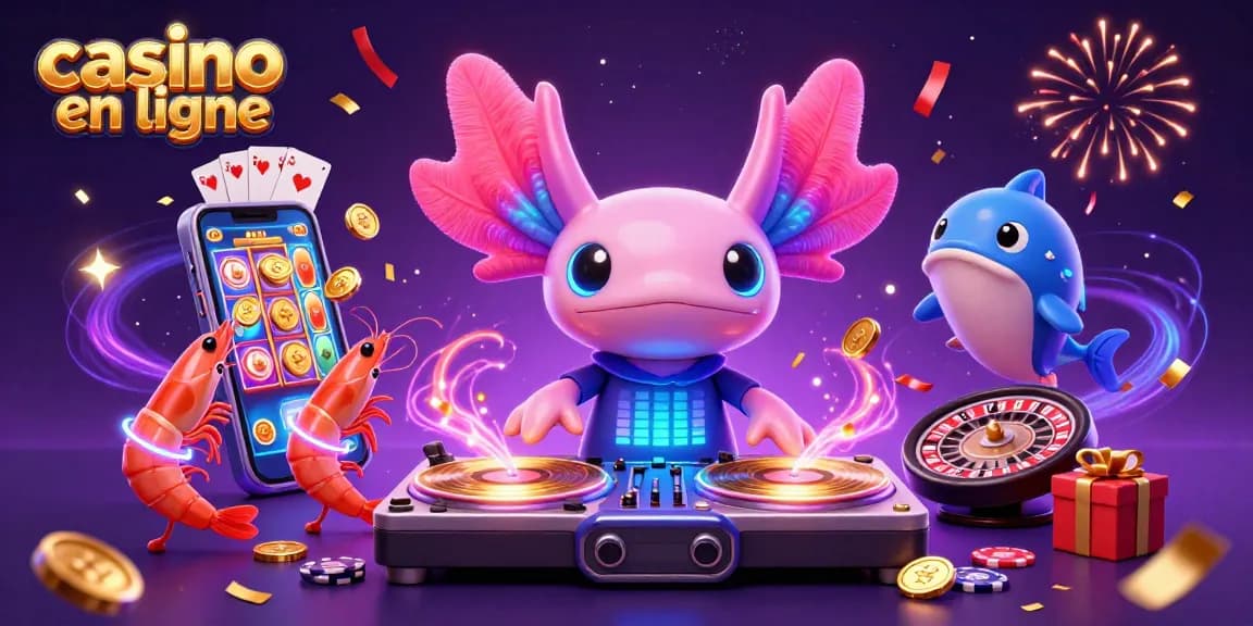 Profitez du jeu dans le casino en ligne avec un DJ axolotl et des éléments de jeu colorés.