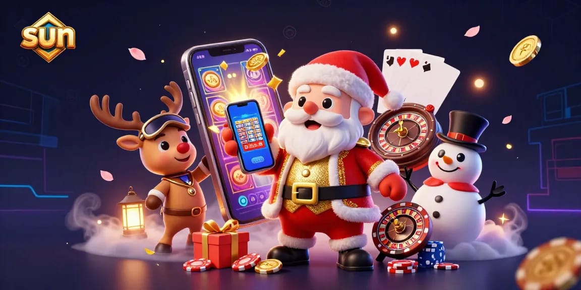 Engage in the sun-themed casino world with Santa, reindeer, and snowman enjoying jackpots and slots.