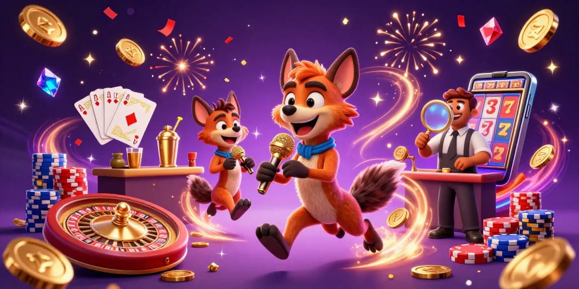 sbobet comedy club scene with hyenas performing casino activities amid sparkle-filled celebration.