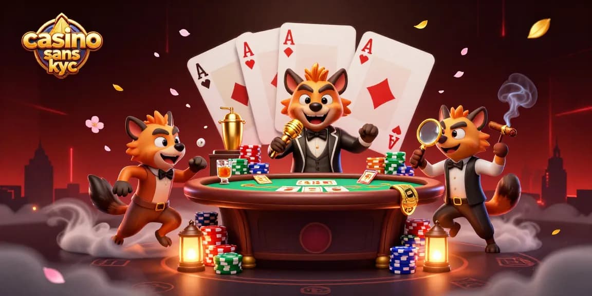 Casino sans KYC : Pack de hyènes animées s'amusant dans un club de casino comique.