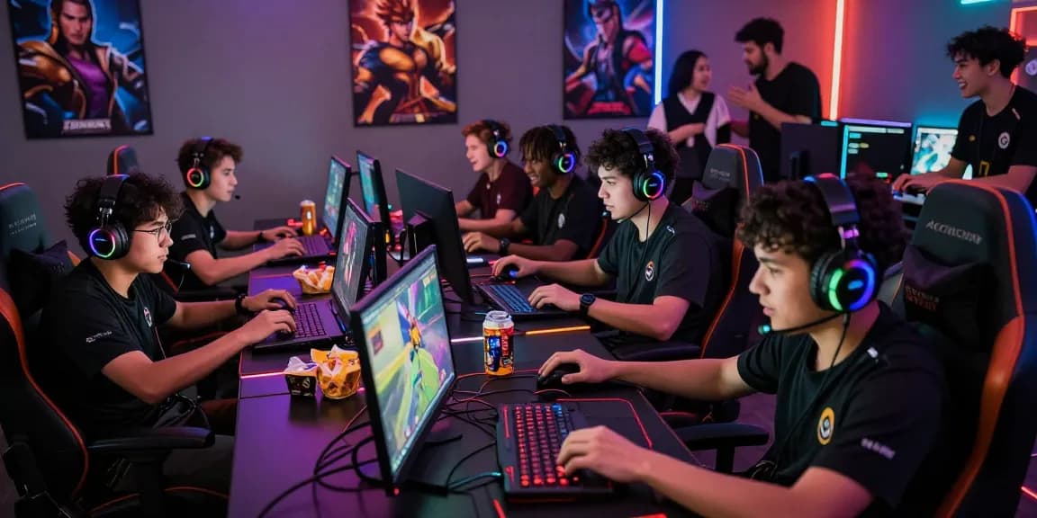 Gamers competing in a thrilling FAFA828 e-sport tournament showcasing vibrant action and technology.