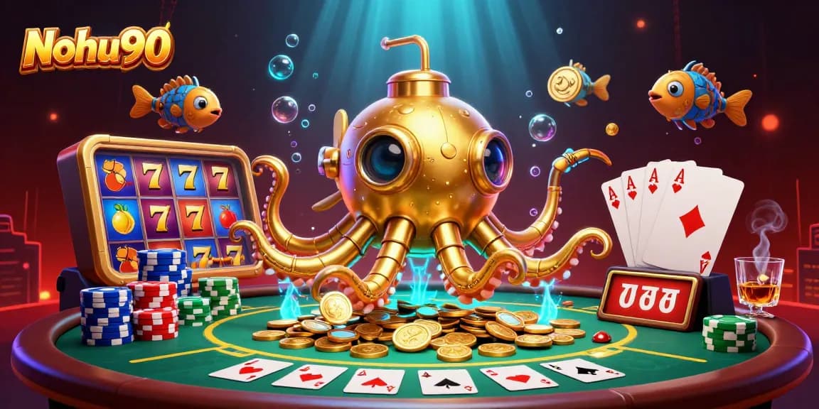 Nohu90 brings excitement with golden kraken submarine and vibrant slot reels, enhancing the online gaming experience.
