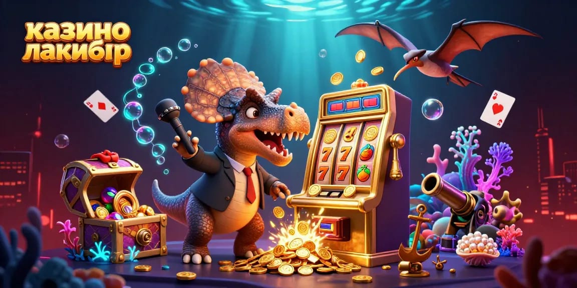 Jackpot excitement at казино лакибир as a dinosaur headbutts a slot machine, coins flying everywhere.
