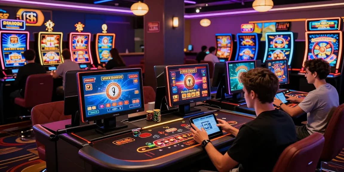 Scène engageante de joueurs profitant du casino en ligne argent réel avec des jeux vibrants et une atmosphère néon.