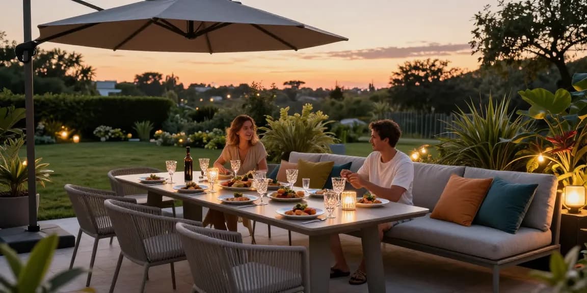 Enjoying modern patio furniture during sunset with dining set and sofa.