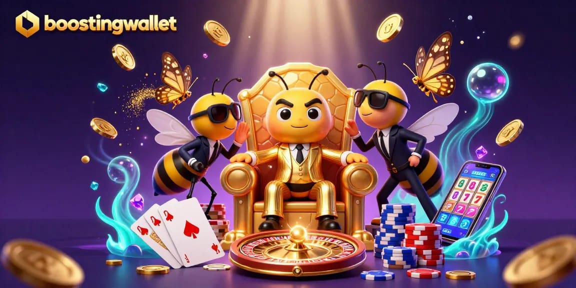 Experience excitement at boostingwallet with 3D cartoon characters in a lively casino scene.