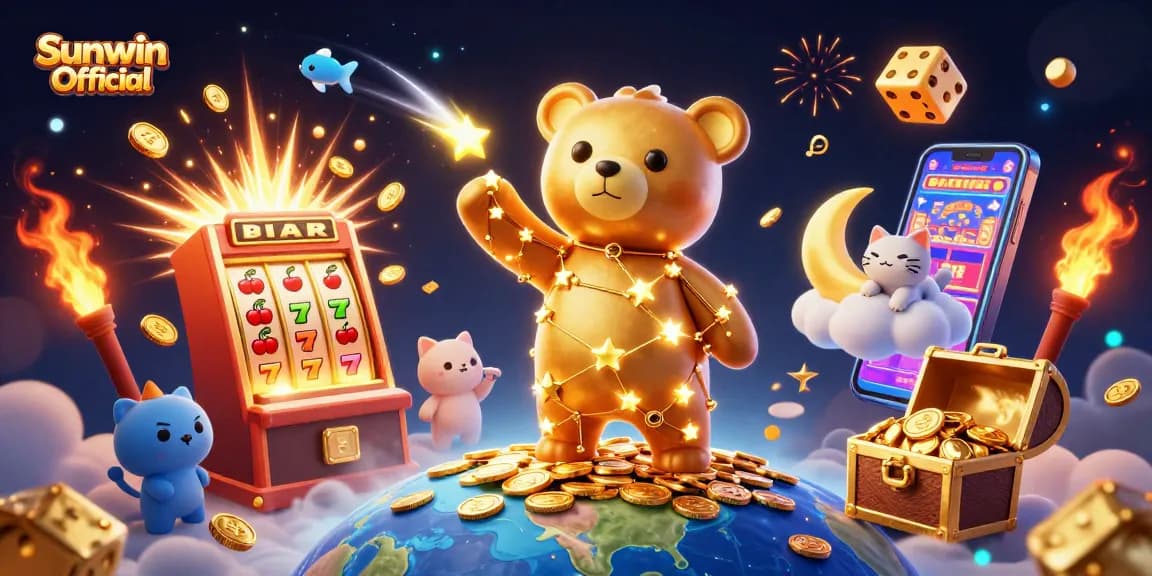 Experience exciting gameplay with Sunwin Official as a constellation bear scoops coins amidst a vibrant casino scene.