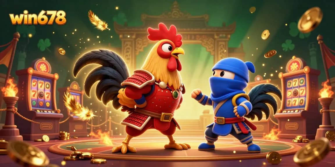 Win678 showcases an epic showdown of cartoon fighting roosters in a vibrant casino setting, immersing players with excitement.