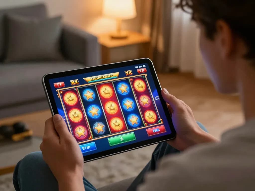 mm88 player enjoying exciting slot games on a tablet in a cozy home setting