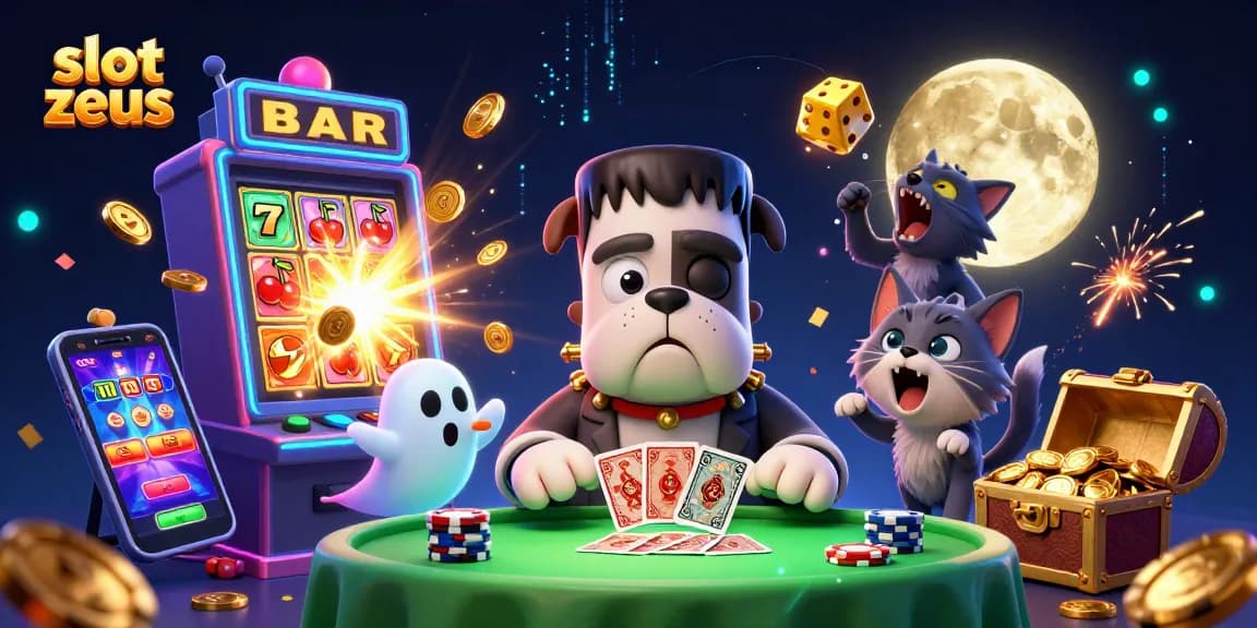 Spin to win on slot zeus with a lively cartoon scene of a bulldog dealer and dynamic casino elements.