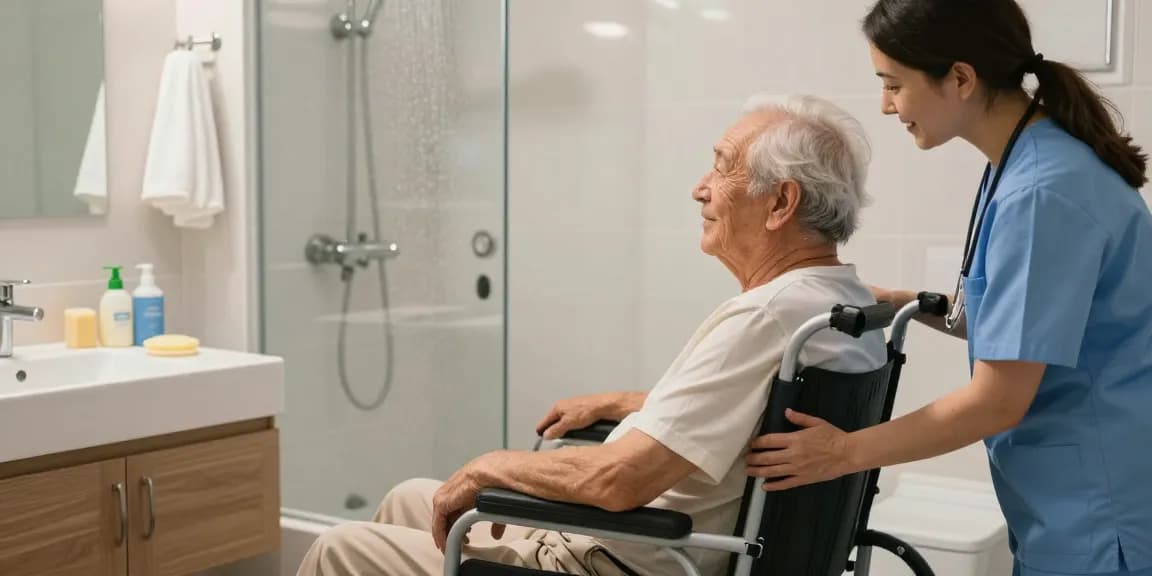 Senior using a 長者沐浴椅 in a safe and supportive bathroom environment.