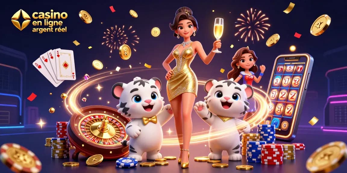 Vivez l'excitation au casino en ligne argent réel avec une scène glamour de gains.