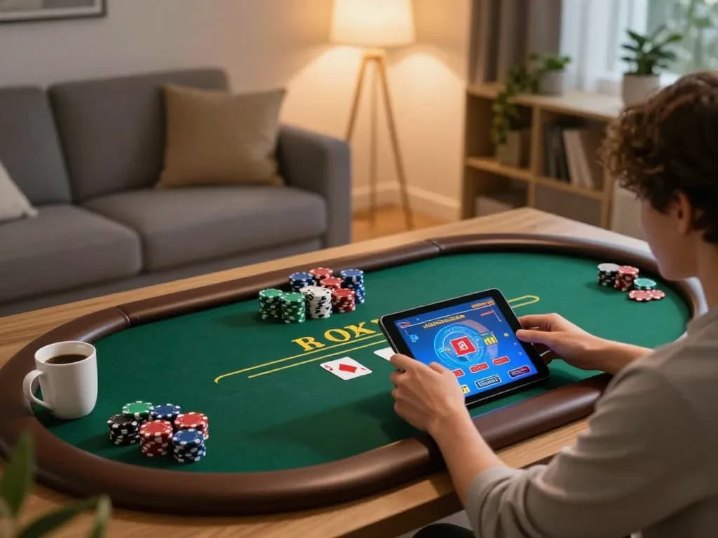 Enjoying an exciting game on open88 com from a cozy home with poker chips scattered